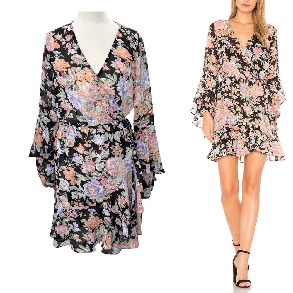 Auguste US 4 Wrap Mini Dress Bell Sleeve Dark Floral Fairy Grunge Whimsigoth